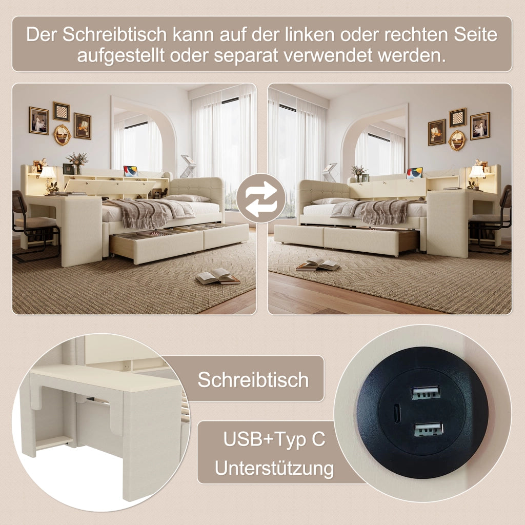 DESMIU Letto banquette 90 × 200 cm 1 posto con 2 cassetti, scrivania, USB e Type-C, senza materasso, beige