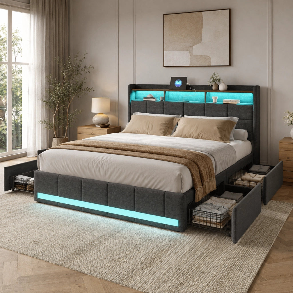 Letto matrimoniale 180x200 cm tessuto grigio, testiera contenitore con ricarica USB e USB-C, LED RGB APP telecomando, 4 cassetti estraibili