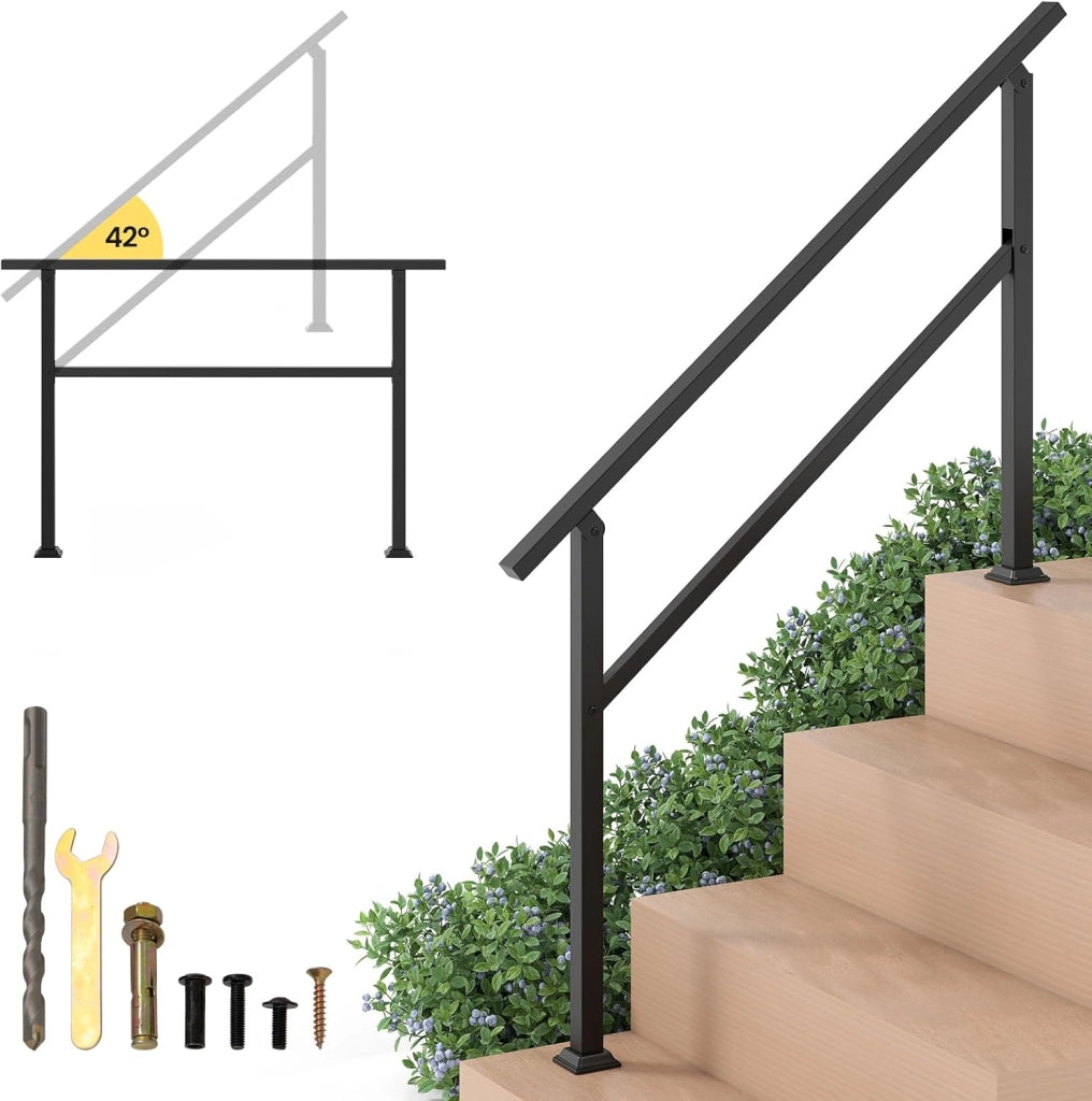 Corrimano per Scala, Corrimano in Metallo per 0-2/3/4 Gradini con Regolazione dell’Angolo, Portata 150 kg, Rieghiera per Terrazzo, Ingresso e Balcone (104 x 92 cm)
