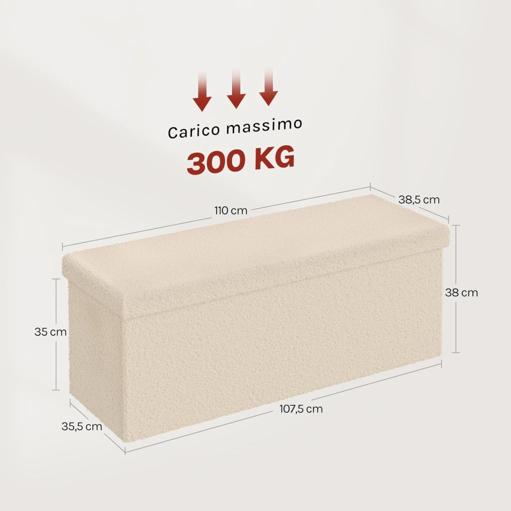 Cassapanca Contenitore da Interno, Pouf Poggiapiedi Pieghevole, con Pannello Divisorio, Rivestimento in Tessuto Teddy, per Camera da Letto, Ingresso, Soggiorno, 110x38x38,5 cm, Beige