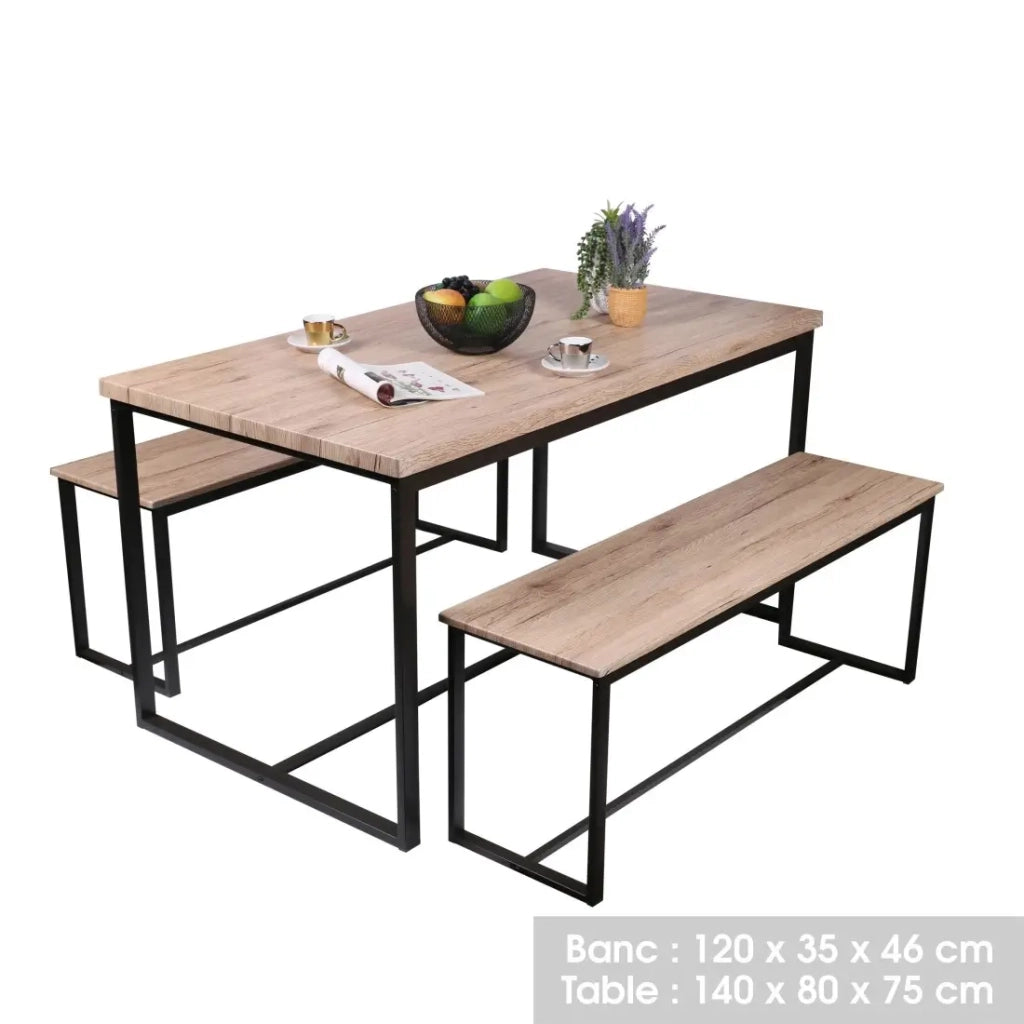Set tavolo e due panche in stile industriale in legno e metallo Collezione DARYL – Tavolo 140 cm e due panche 120 cm