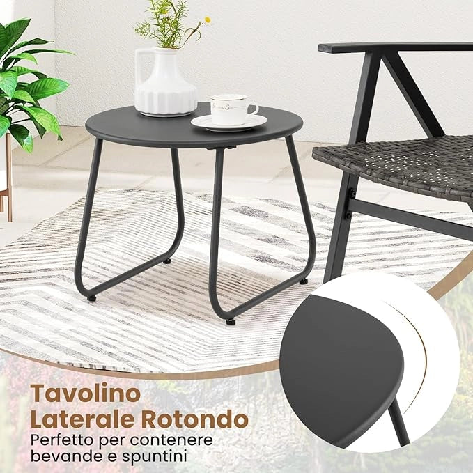 Set Tavolino e 2 Sedie, Salottino da Giardino Esterno con 2 Poltrone con Braccioli in Metallo con Schienale e Seduta in Rattan, Set da Giardino per Balcone, Veranda e Bordo Piscina