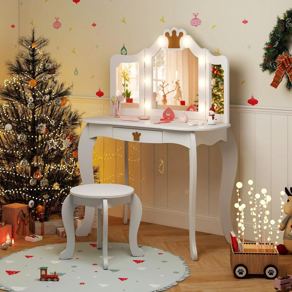 Set Toeletta Trucco per Bambina con Sgabello, Tavolo Trucco Triplo Specchio Staccabile con Luci LED a 3 Colori, Postazione Trucco con Cassetto e Accessori, per Bambine 3-7 Anni (Bianco)