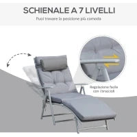 Sdraio da Giardino Pieghevole con Materassino e Cuscino, Schienale con 7 Reclinazioni, 137x63.5x100.5cm, Grigio