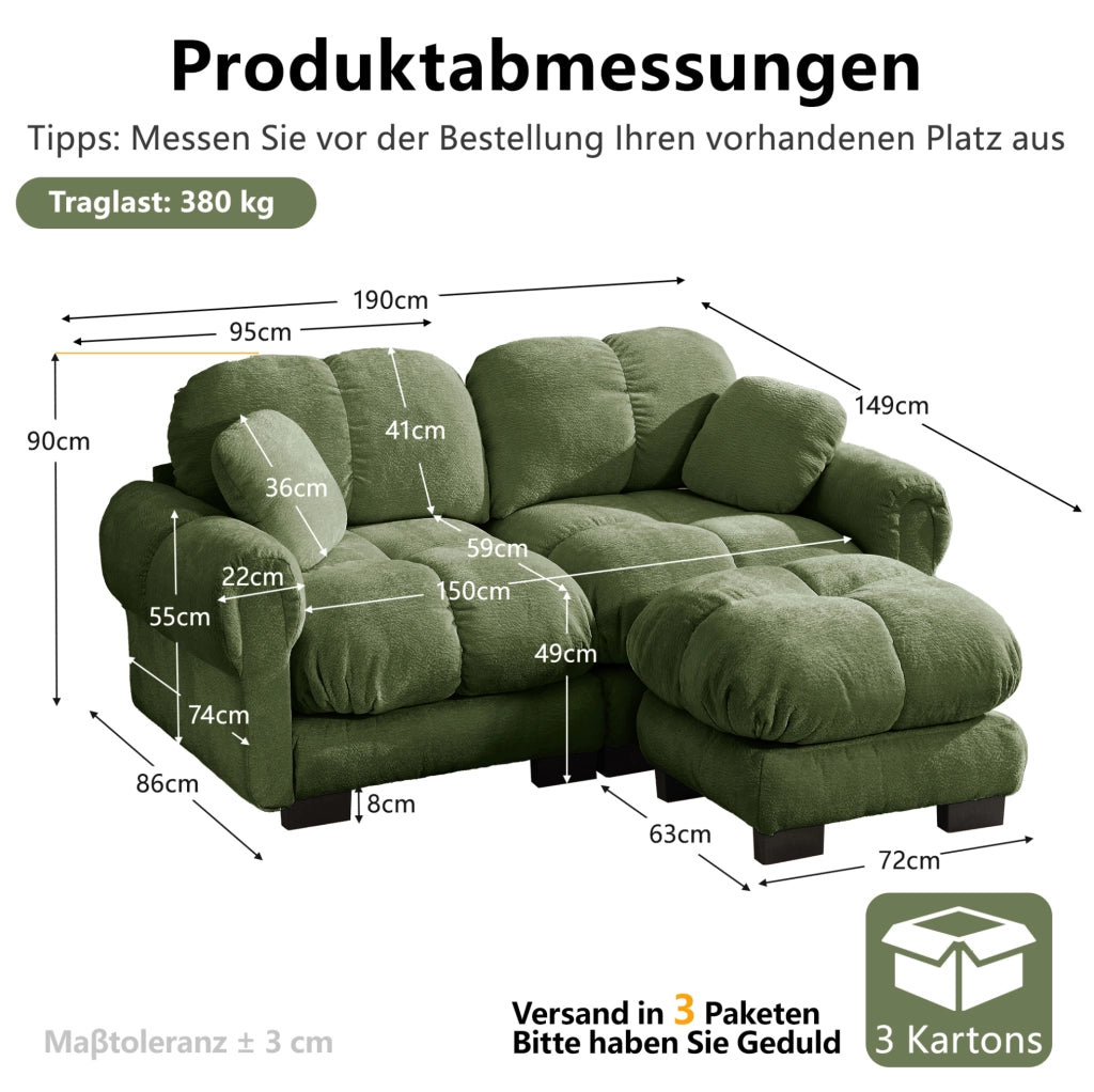 Divano modulare angolare a L 2 posti con pouf mobile 190x149x90 cm in chenille verde