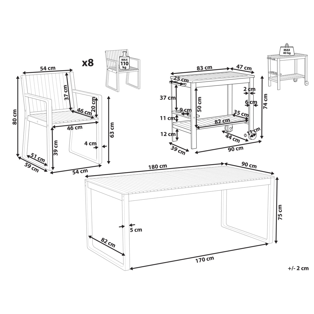 Set da pranzo rustico da 8 posti in legno d'acacia certificato tavolo e sedie con carrello resistente agli agenti atmosferici