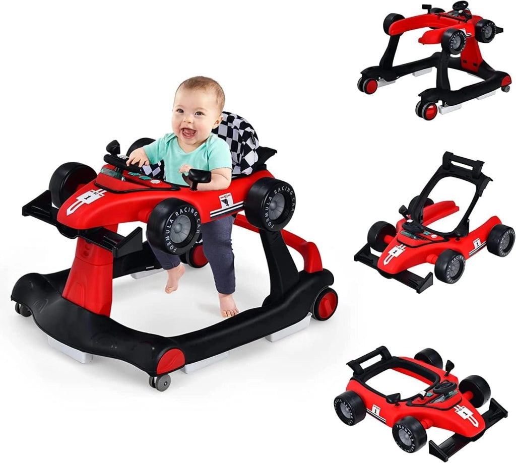 Girello per Bambini 4 in 1, Girello Pieghevole con Altezza e Velocità Regolabili, Carillon con Luci, Volante, Primi Passi per Bambini 6-18 Mesi, Portata 12 kg (Rosso)