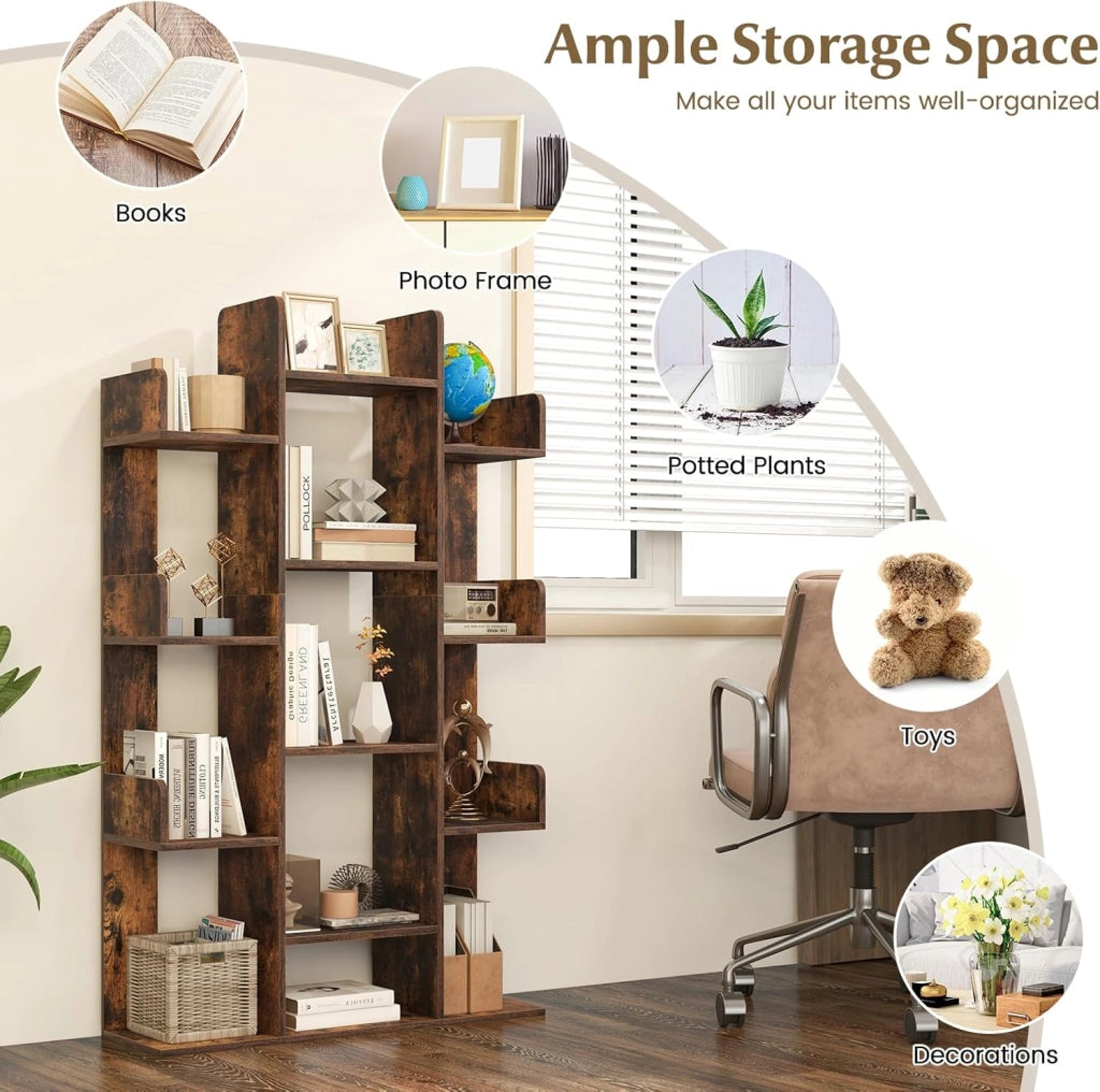 Libreria in legno con 13 ripiani aperti, libreria a forma di albero con kit antiribaltamento, 86 x 24,5 x 141 cm, mobile organizer per soggiorno, studio, ufficio (marrone)