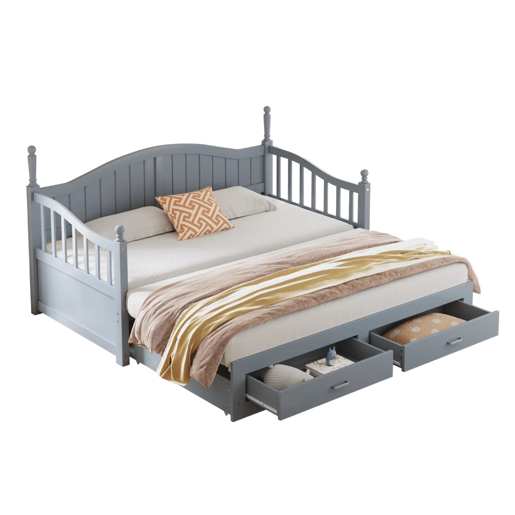 OKWISH Letto a Cassetti 90×190 cm, Letto Singolo estraibile con 2 Cassetti, Schienale Curvo e Braccioli, senza Materasso, Grigio