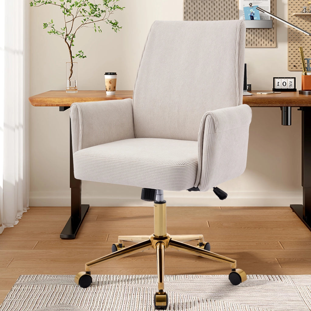 Sedia da ufficio girevole ergonomica con base in metallo dorato e imbottitura in memory foam, in velluto a coste bianco
