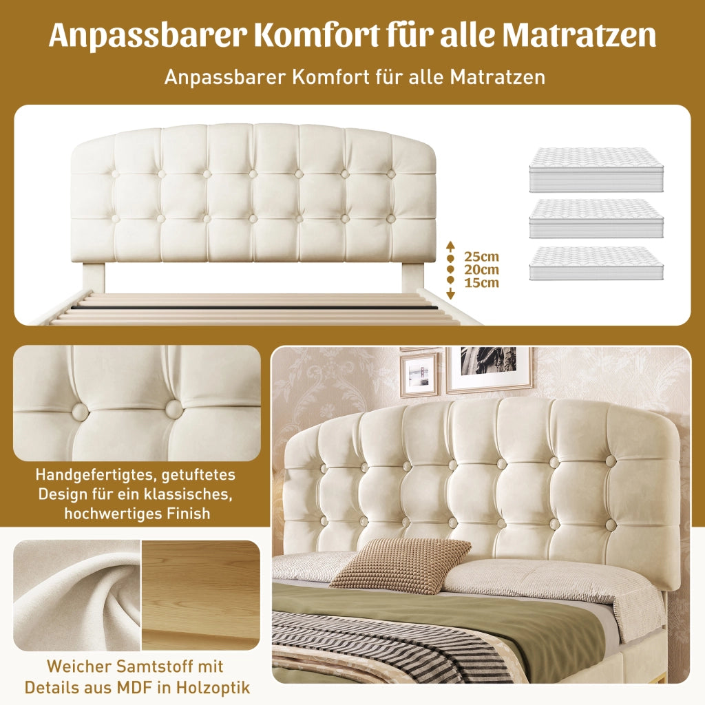 LETTO imbottito 140x190 cm in velluto beige con testiera regolabile e cassetti