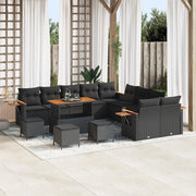 Set divani da giardino 14 pezzi con cuscini neri in rattan sintetico e acacia
