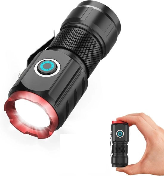 Zaklamp mini portatile con 5 impostazioni di illuminazione, 3 LED potenti, clip portatile, ricarica via USB, adatta per campeggio e escursioni
