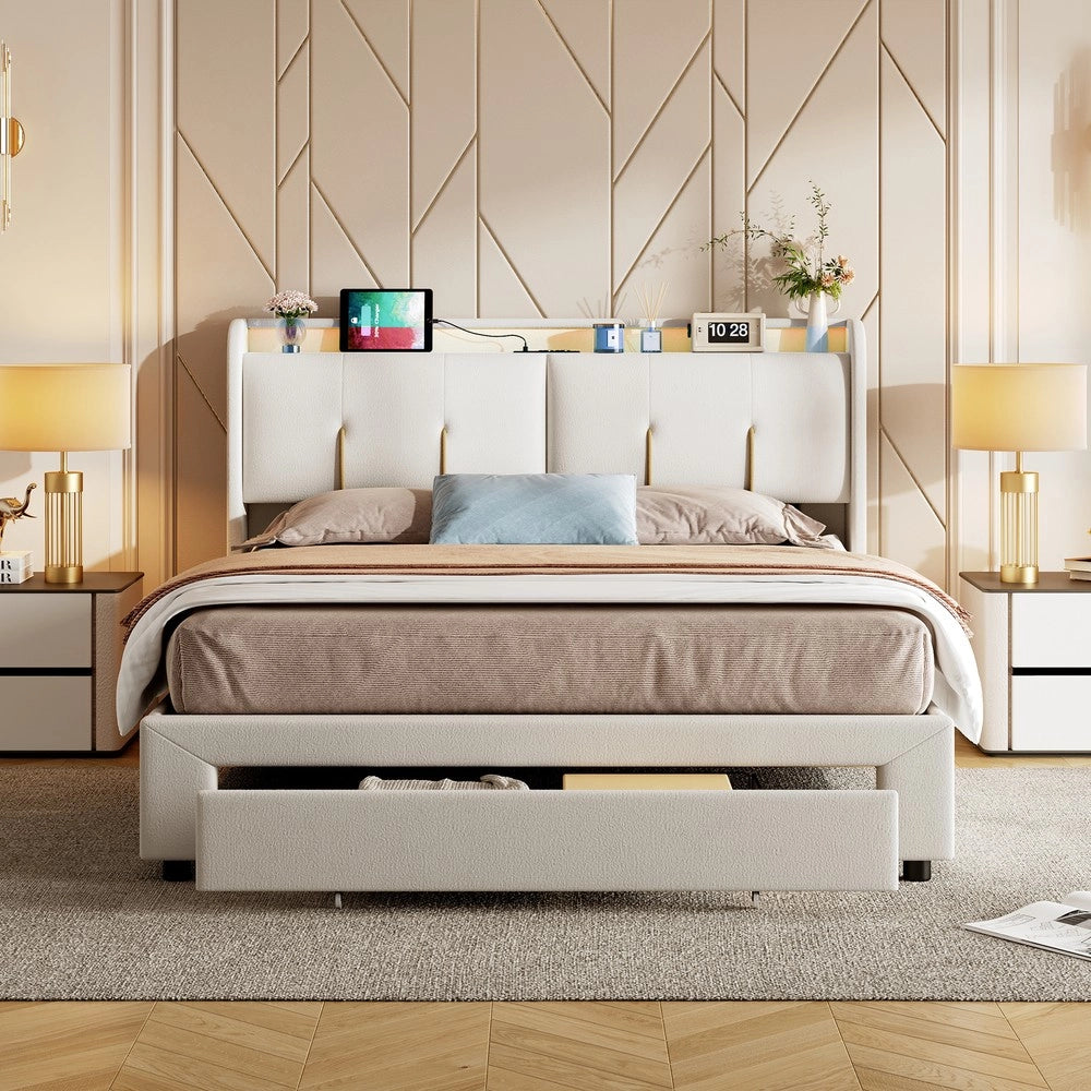 Letto contenitore matrimoniale con LED ¨C Minimal ¨C velluto beige 160x200cm