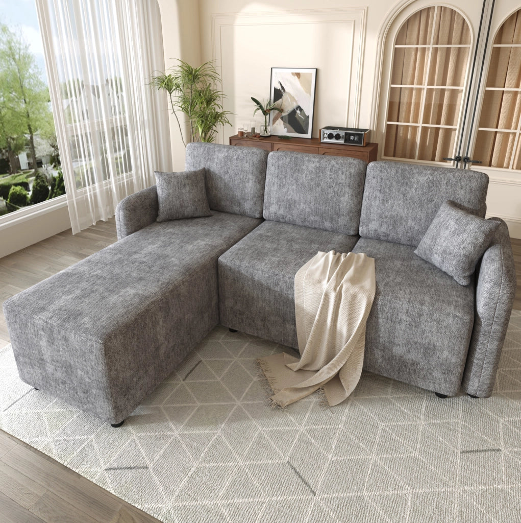 Divano angolare L 3 posti in chenille grigio con 2 cuscini; struttura in legno; compatto