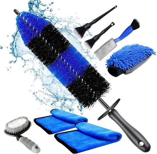 Set di pulizia autonoma con spazzola per ruote, set di pulizia interno, microfibre e guanti da lavaggio, 8 pezzi per pulire ruote, sedili, interni e esterni