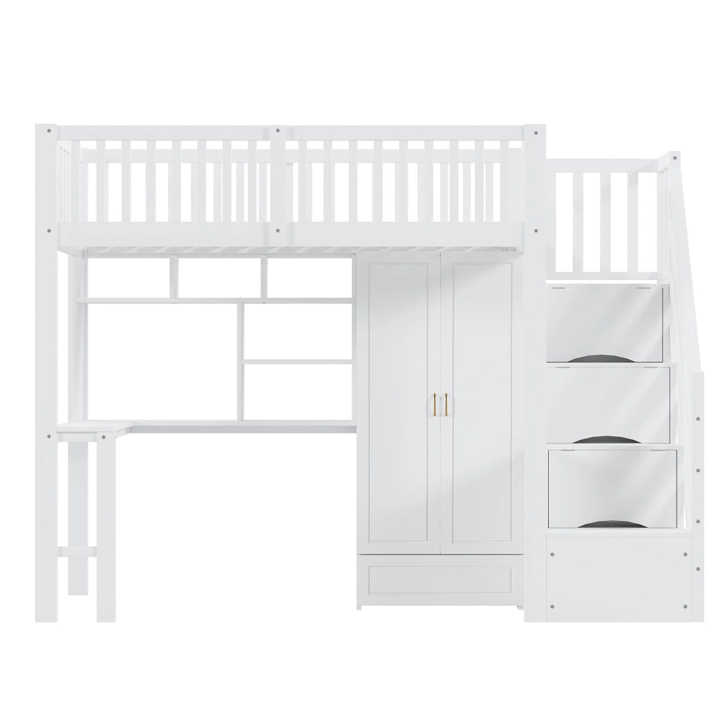 Letto a Soppalco 90 x 200 cm; Singolo con Armadio; Scrivania e Cassetti; senza Materasso; Bianco