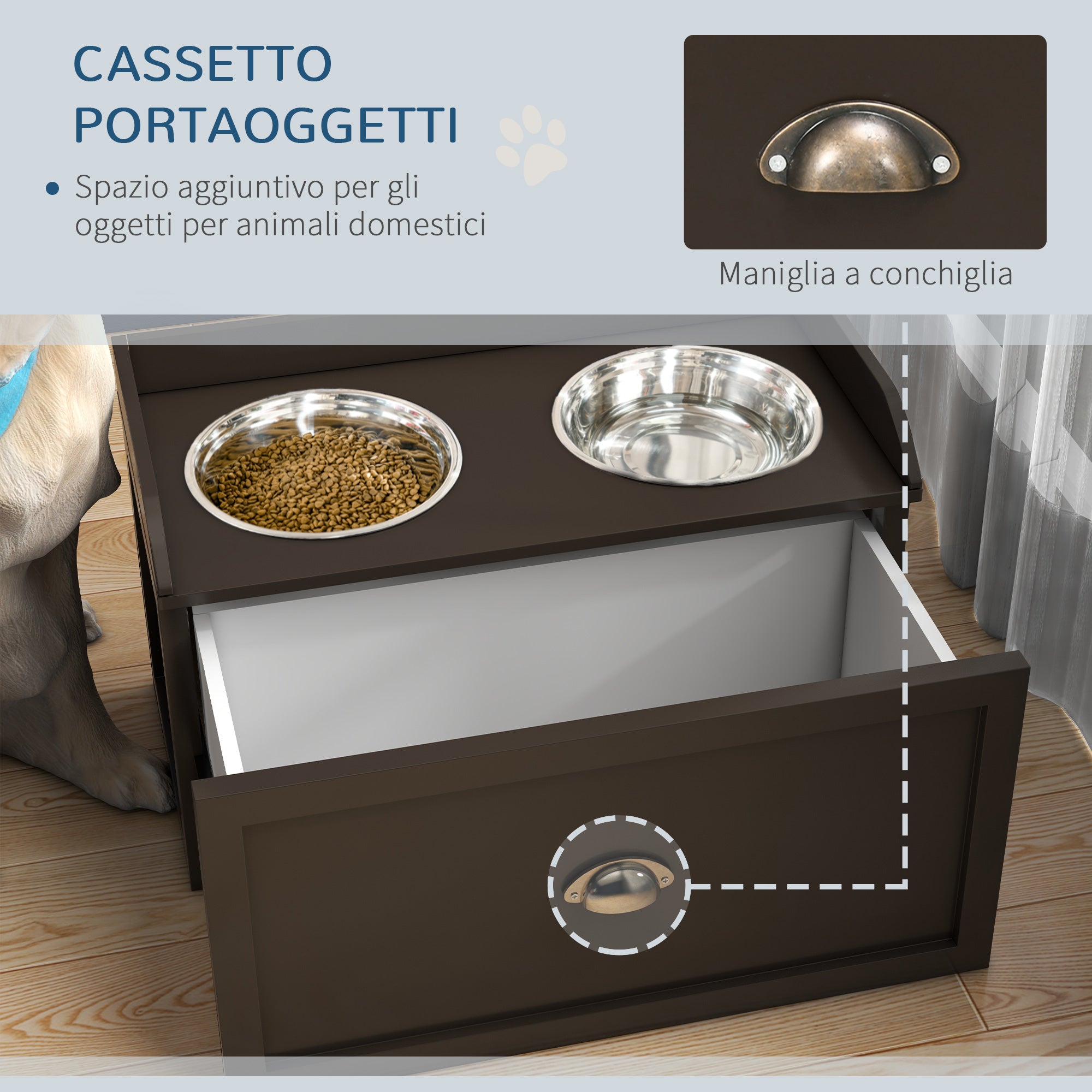 Ciotole per Cani Rialzate 60x30x36 cm in Acciaio Inox e Struttura in Legno con Cassetto Marrone