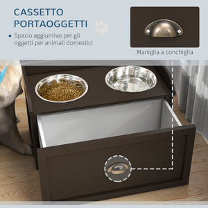 Ciotole per Cani Rialzate 60x30x36 cm in Acciaio Inox e Struttura in Legno con Cassetto Marrone