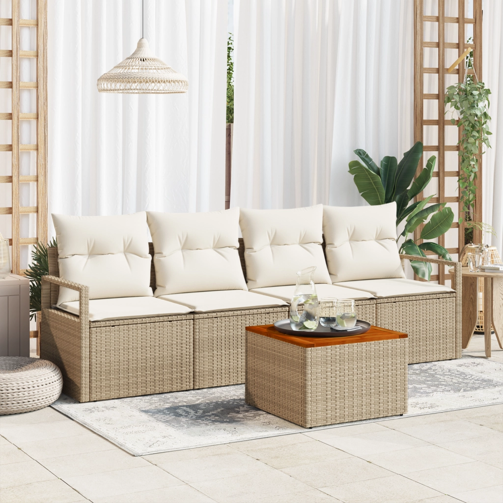Set di divani da giardino composto da 5 pezzi con cuscini beige in polyrattan acacia