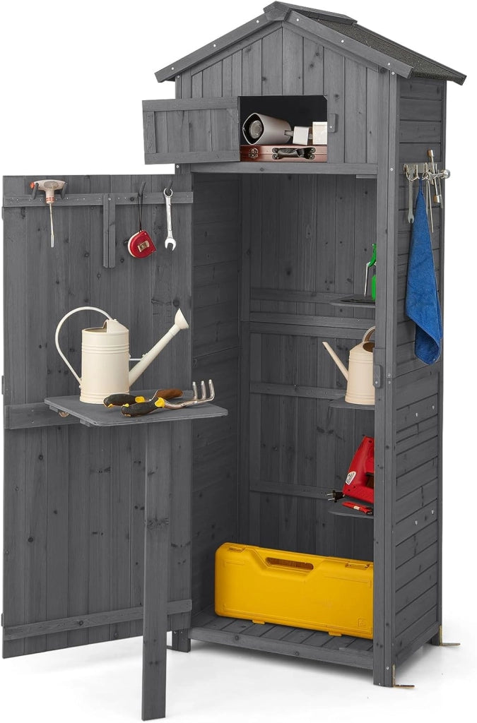 Armadio da Esterno in Legno, Capanno da Giardino con Serratura, Tavolo Pieghevole, Tetto Impermeabile, Ganci, Ripiani Rimovibili e 4 Staffe Metalliche, per Patio, Giardino e Cortile (Grigio)