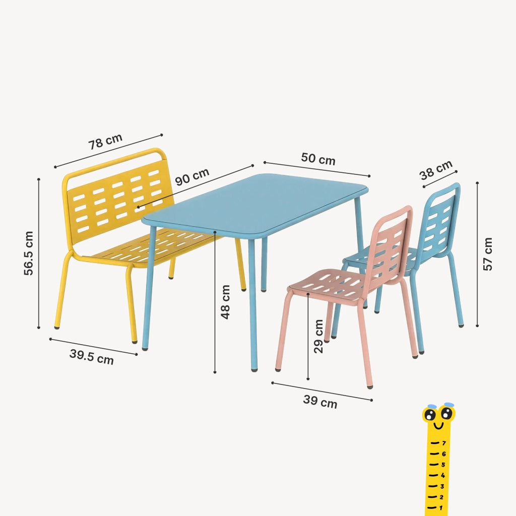 Set di 4 Mobili Etroubles per Bambini Tavolino Panca e 2 Sedie per Esterno e Interno - Giallo/Celeste/Pesca casa.pro