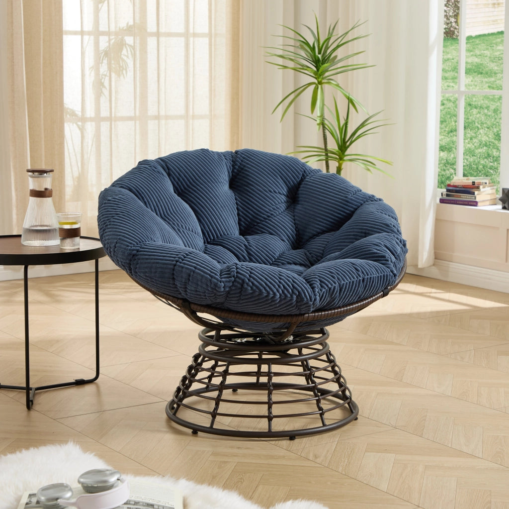 Poltrona papasan girevole 360° ergonomica in PE rattan e acciaio; blu navy; ? 92 x 67 cm