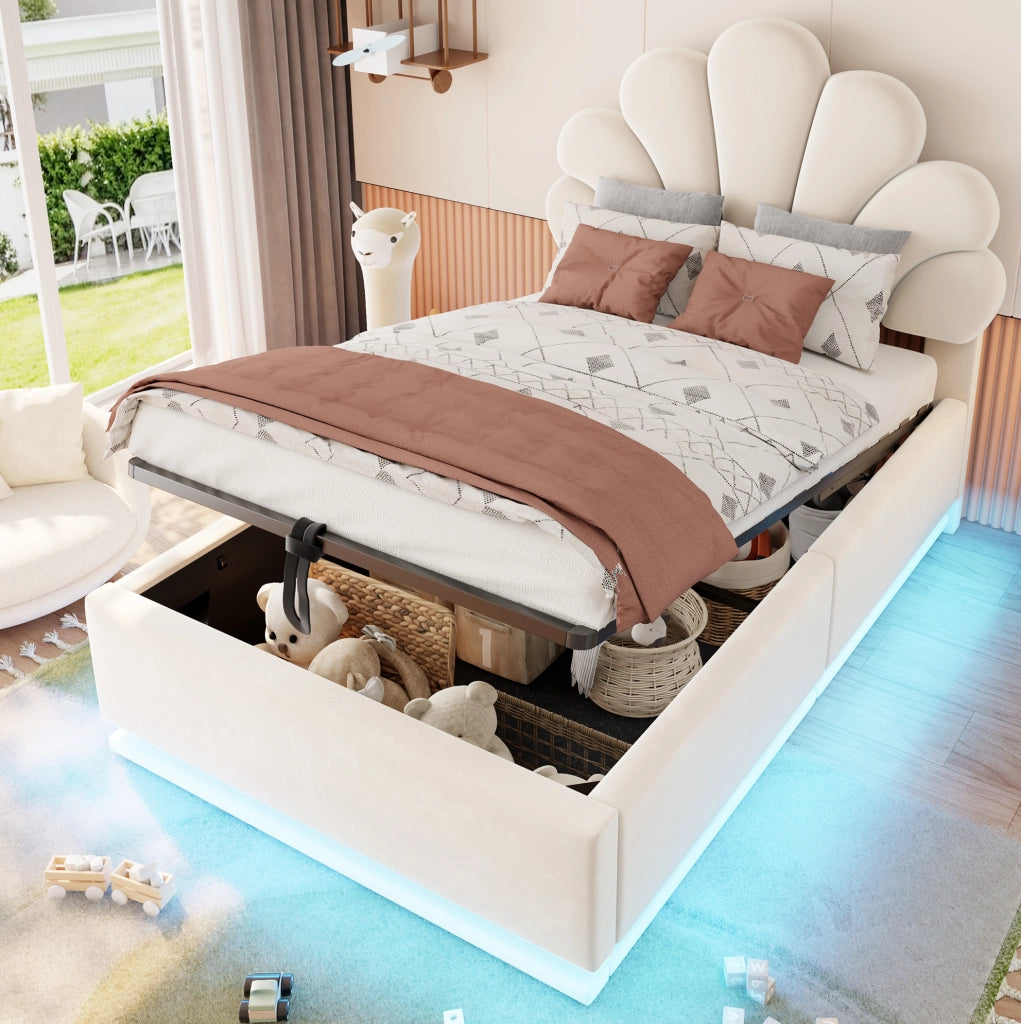 Letto imbottito 90x200 beige con vano contenitore e LED