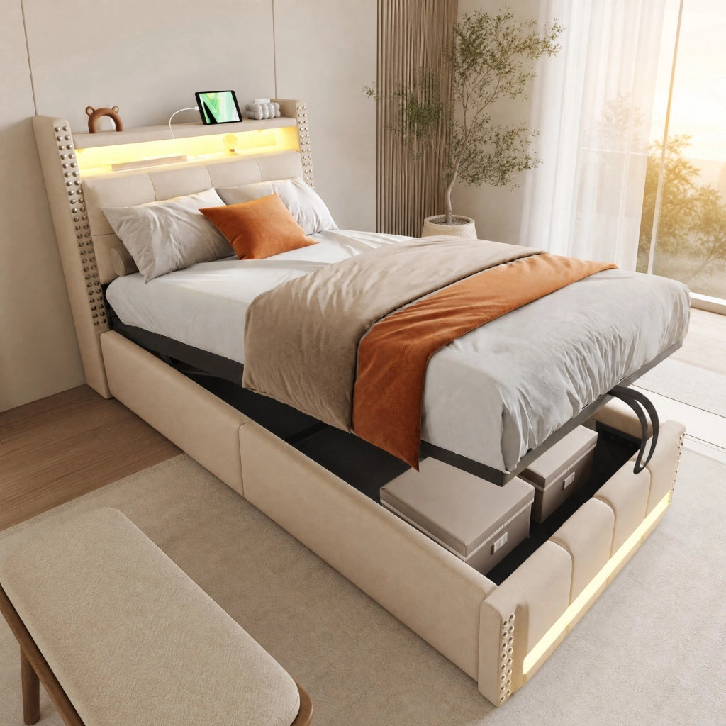 LETTO imbottito singolo 90x200 cm Beige con LED, USB e contenitore