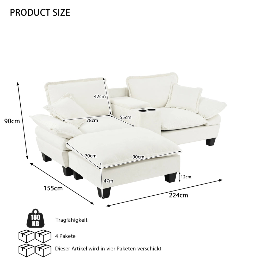 Divano modulare Cloud a forma di L in chenille beige con porta bicchieri, USB, pouf e cuscini