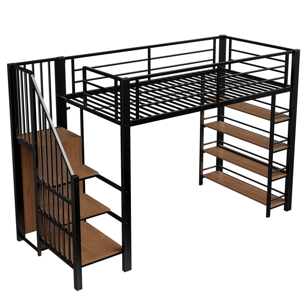 Letto a soppalco ULEVR 90x200 cm con scala contenitore, armadio e ripiani, struttura in metallo nera