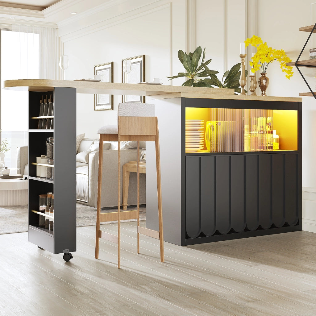 Tavolo da Bar Allungabile con Vano Contenitore; LED; USB e Anta Scorrevole in Vetro; MDF; Nero; 135-205x39x100 cm