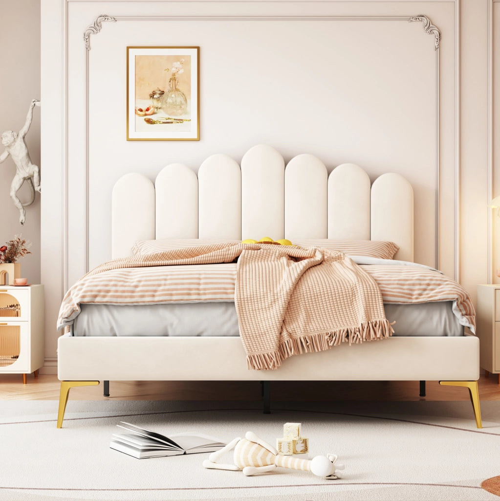 Letto imbottito 140x200 cm con testiera regolabile beige