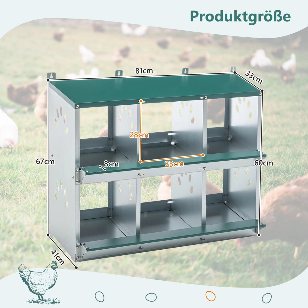 Scaffale nido per galline a 6 scomparti con fondo inclinato in acciaio zincato verde 81 × 41 × 67 cm