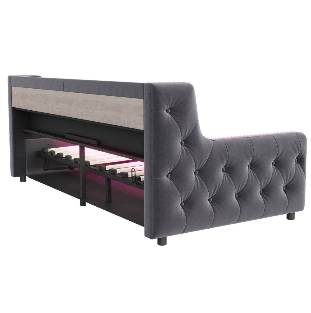 Divano letto 90x200 cm con contenitore, LED, USB e USB-C in velluto grigio