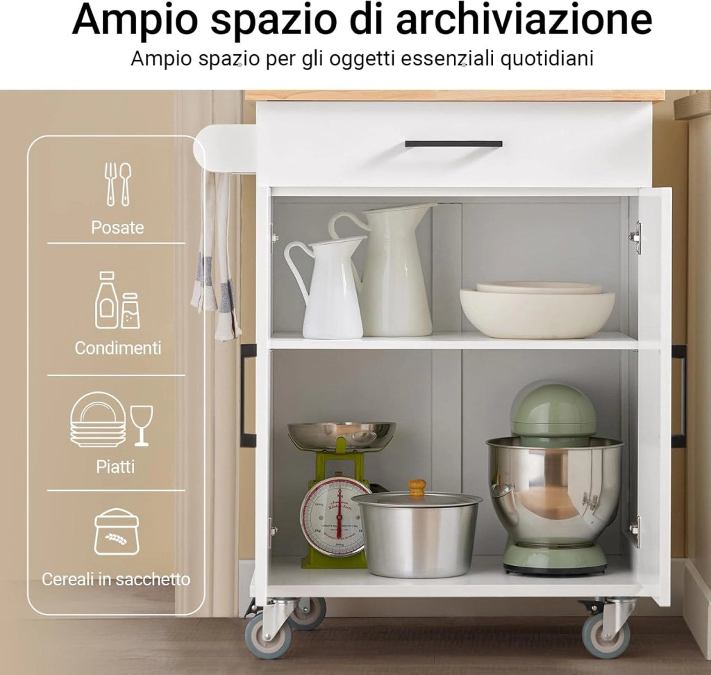 Carrello cucina con ruote, piano in legno di gomma, mobile cucina salvaspazio in MDF, isola cucina moderna – Ideale per cucina, sala da pranzo o ristorazione – 74x91x46 cm, FKW119-WN