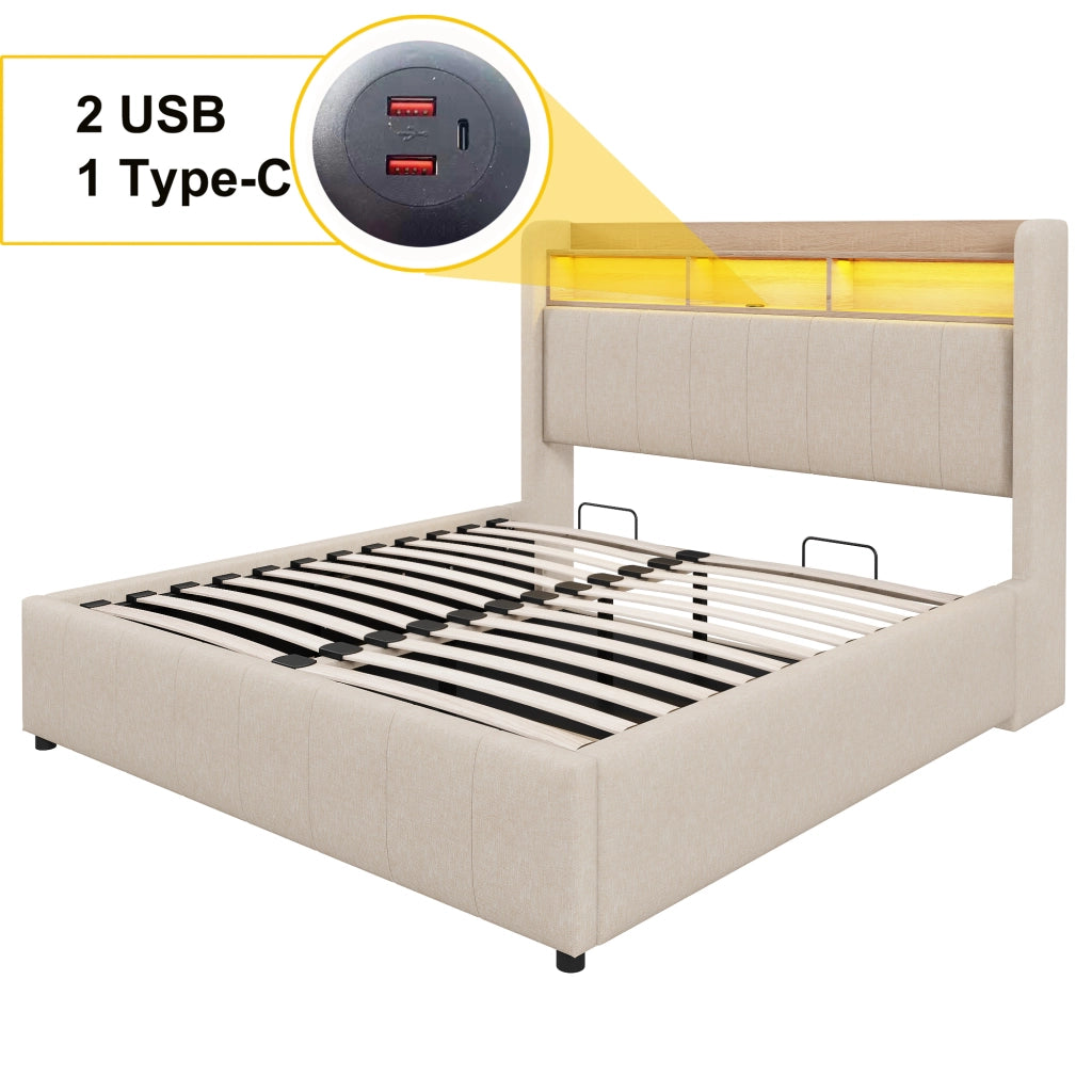 LETTO Contenitore 160x200 cm Beige in tessuto di lino con LED, USB e Type-C