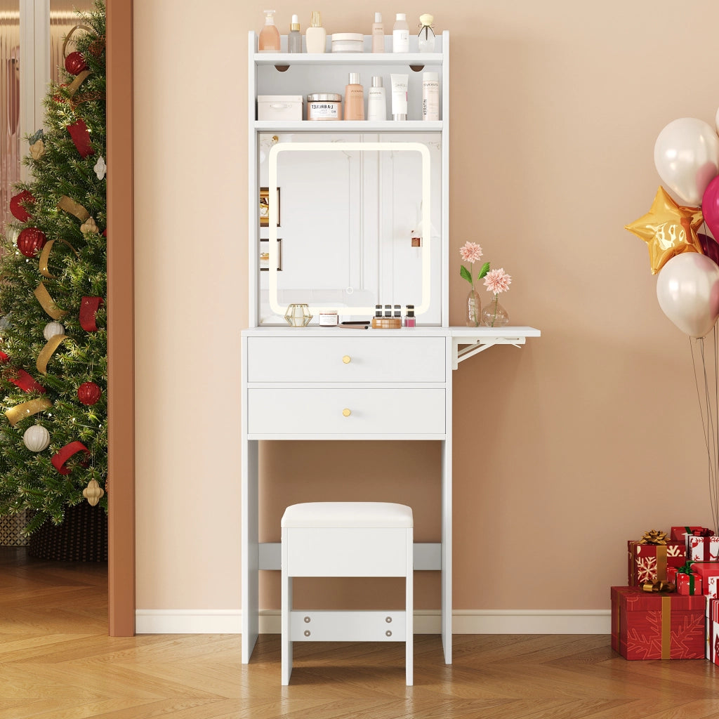 Tavolo da trucco pieghevole con illuminazione LED a 3 tonalit¨¤, 2 cassetti, 2 vani aperti, specchio e sgabello, bianco