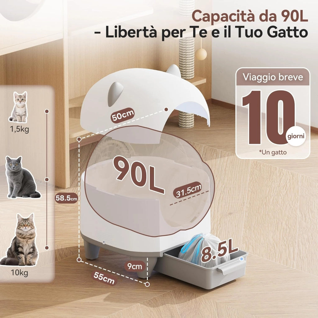 lettiera gatto autopulente,Design con orecchie da gatto,toilette per gatti XXL,Controllo remoto, ampio spazio, Sicurezza,Anti-odore,90L lettiera automatica per felini,Elettrica per più gatti.