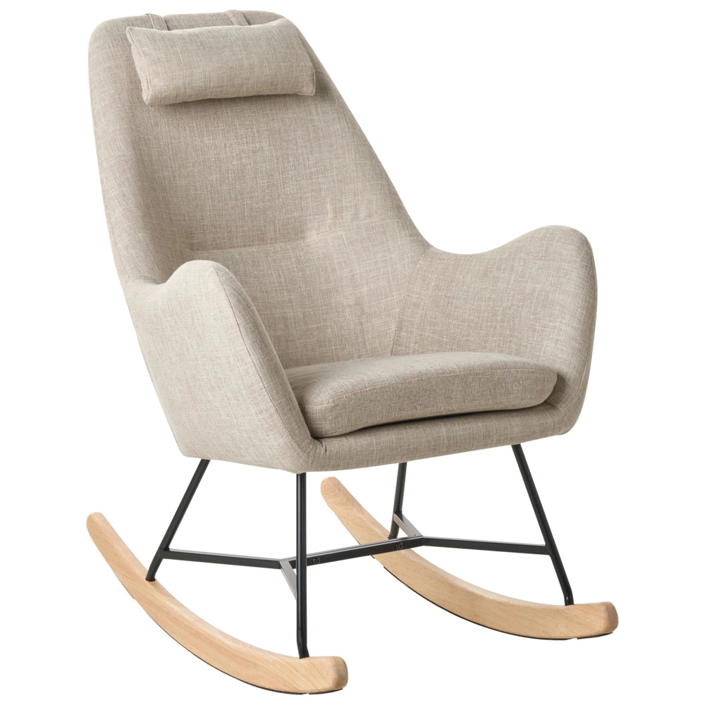 Sedia A Dondolo Tessuto Beige Gambe In Metallo Pattini In Legno Moderni