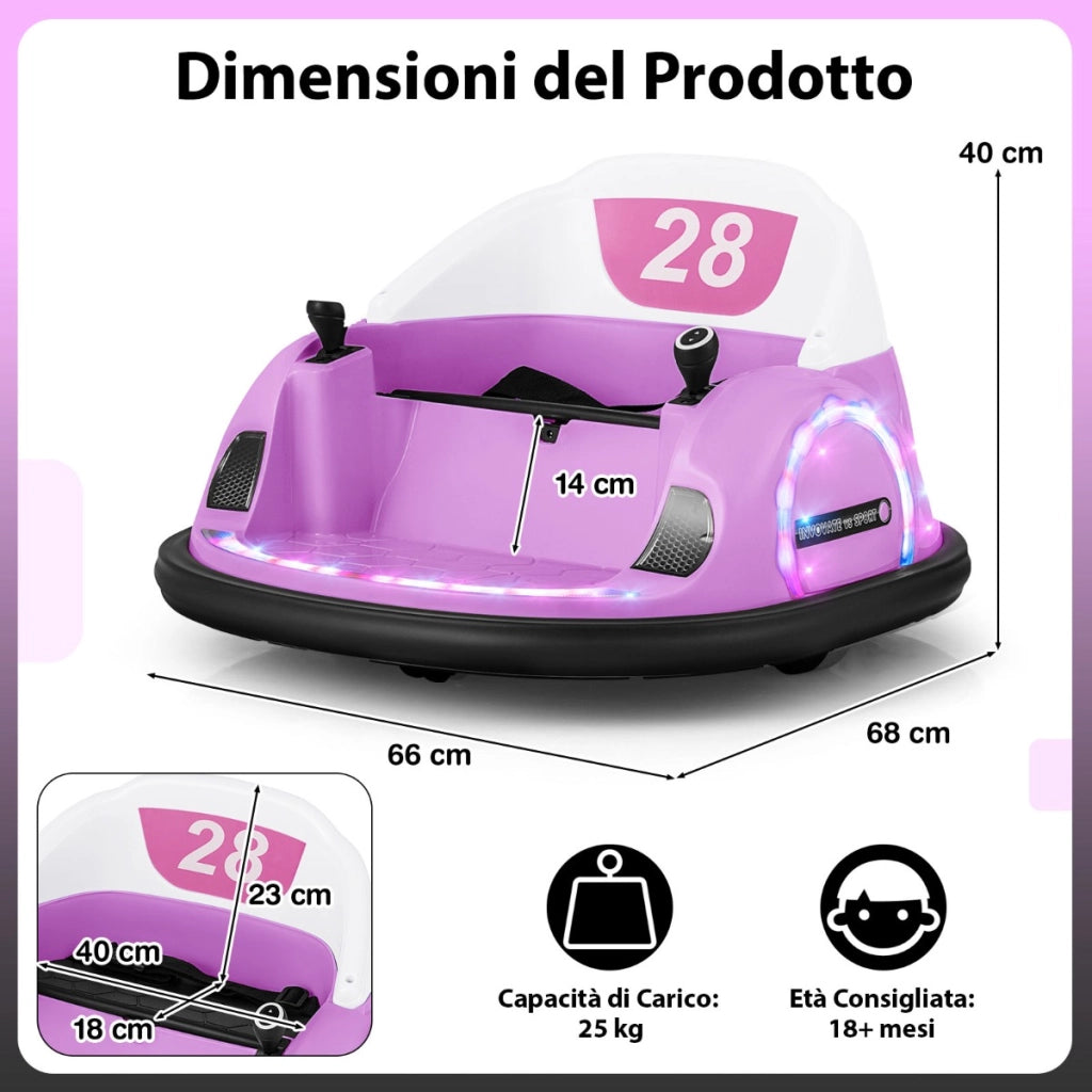 Giocattolo elettrico 12V con rotazione a 360¡ã con telecomando per bambini, Auto a scontro luci e funzione musicale Rosa-Go Kart