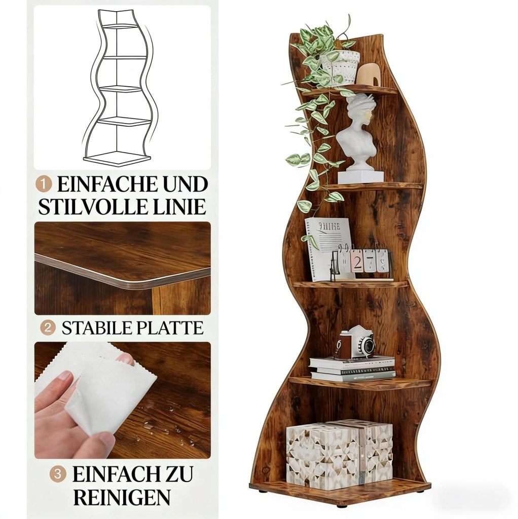 Scaffale angolare a 5 ripiani marrone in legno