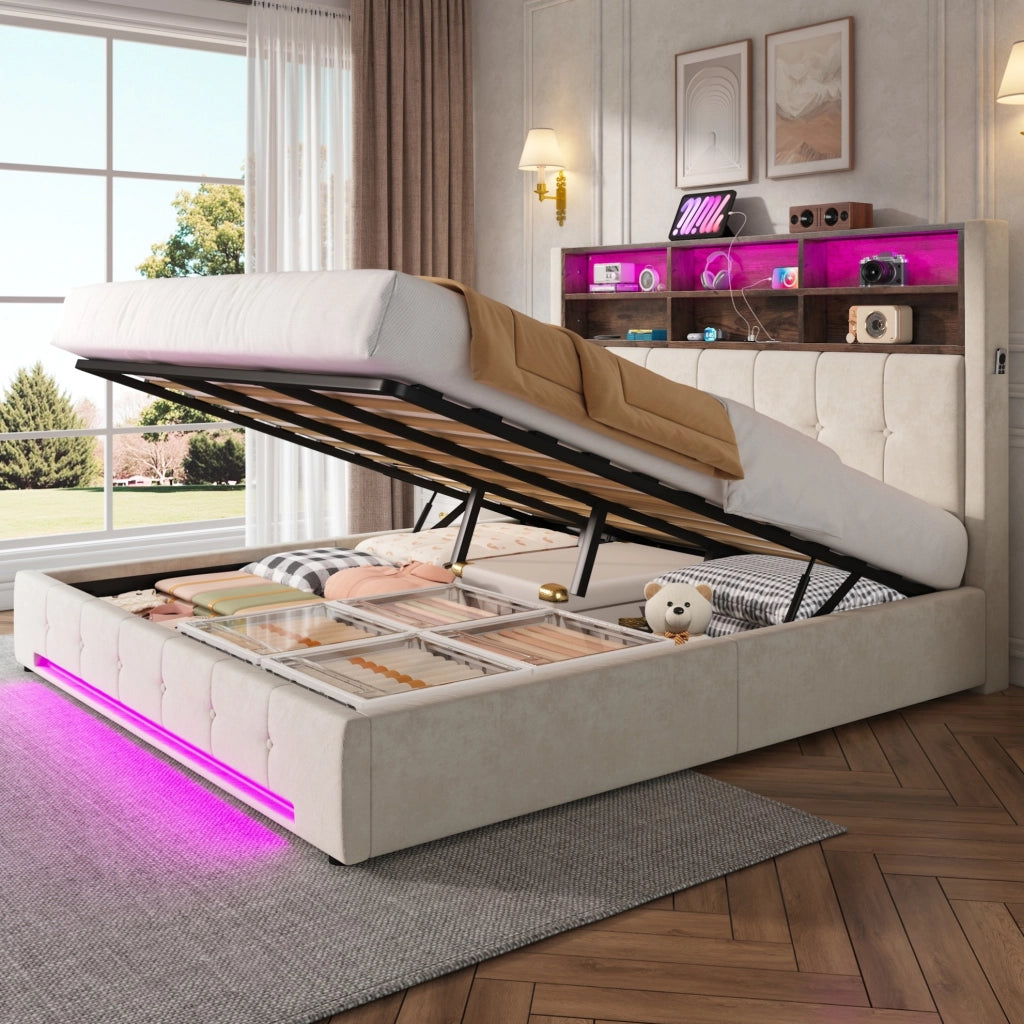 Letto imbottito 180x200 cm con contenitore; LED e USB-C in velluto beige