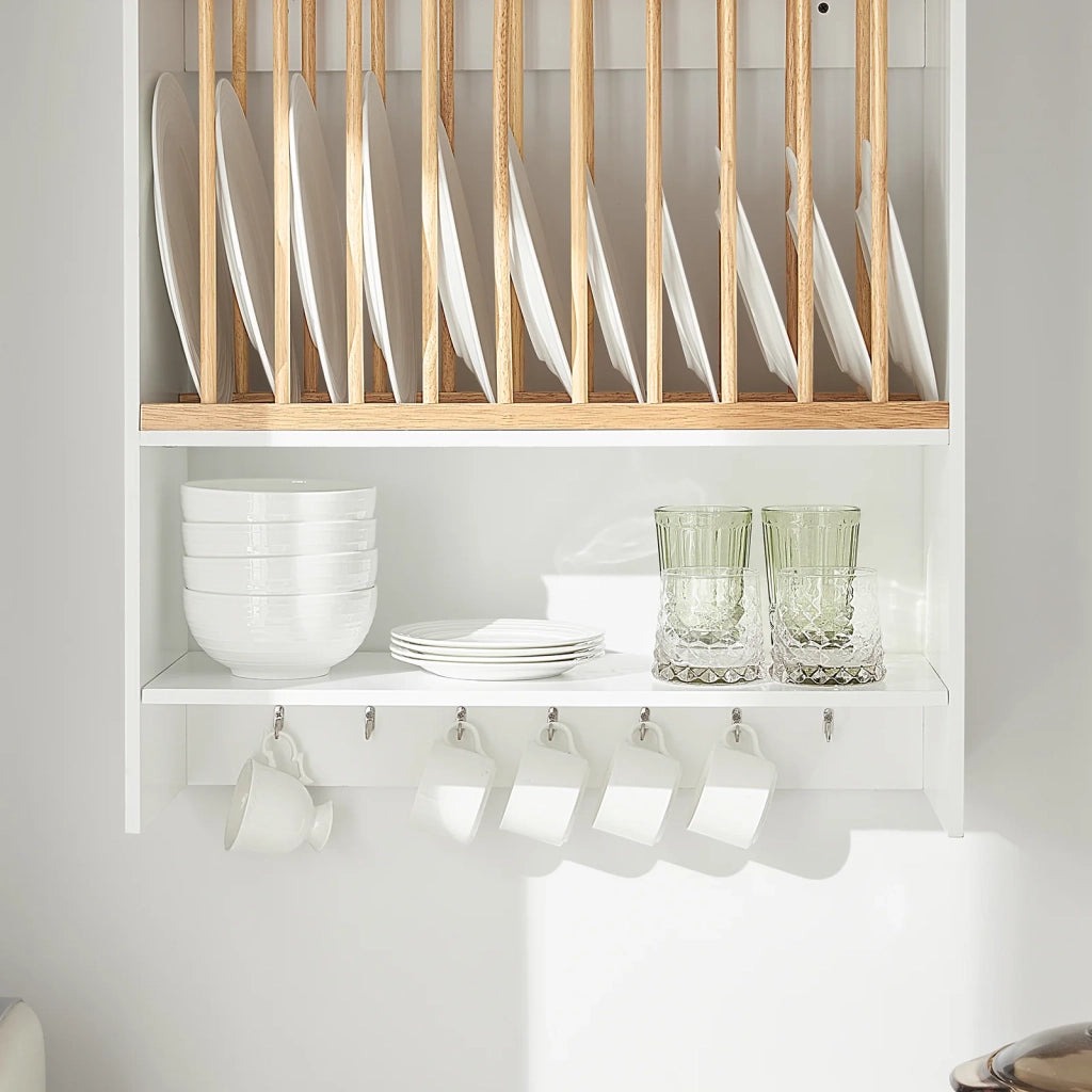 Porta Piatti d'angolo Pensile Cucina Scolapiatti da Muro con 7 Ganci 76x47x12 cm KCR09-W