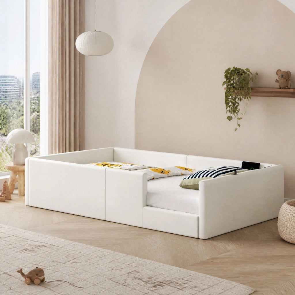 Letto a piattaforma 90x200 cm con sponde imbottite e stazione di ricarica USB/Type-C; bianco