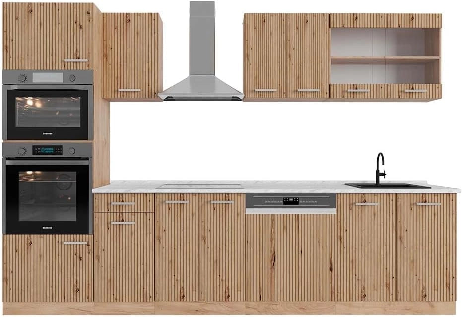 Cucina componibile R-Line, Bianco casa di campagna, 300 cm con armadio alto, PL Marmo, con moduli disposti in modo variabile e piedini regolabili in altezza