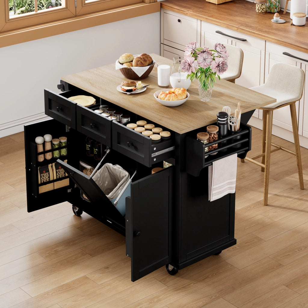 OKWISH Carrello da Cucina con 2 Cassetti, Portaspezie, Vano per Rifiuti e Portasciugamani, per Cucina, Nero e Naturale