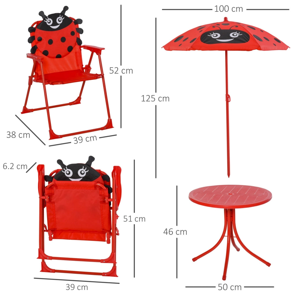Set Tavolino e 2 Sedie Pieghevoli da Giardino per Bambini con Ombrello Rosso Coccinella