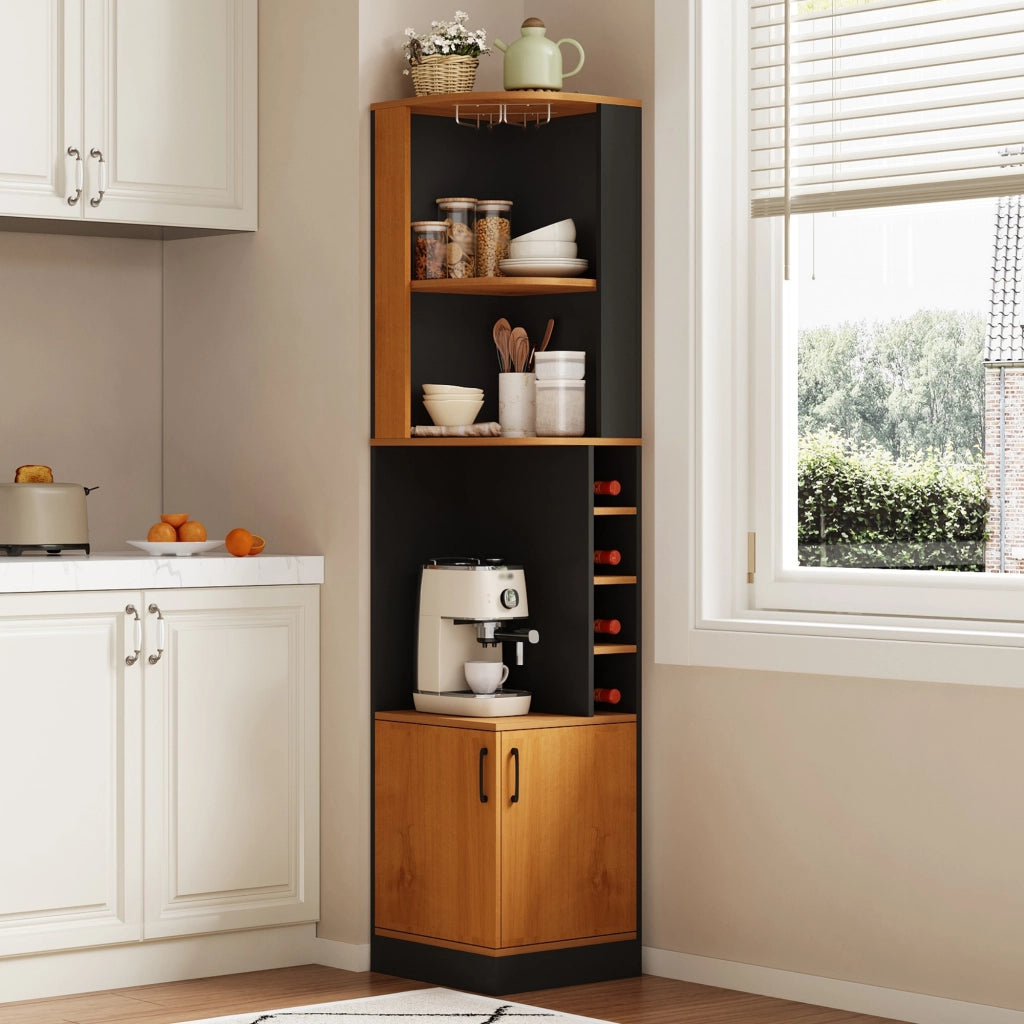 Credenza angolare portabottiglie con portabicchieri e 4 vani per cucina e soggiorno; in MDF; nero; 40 × 40 × 182 cm