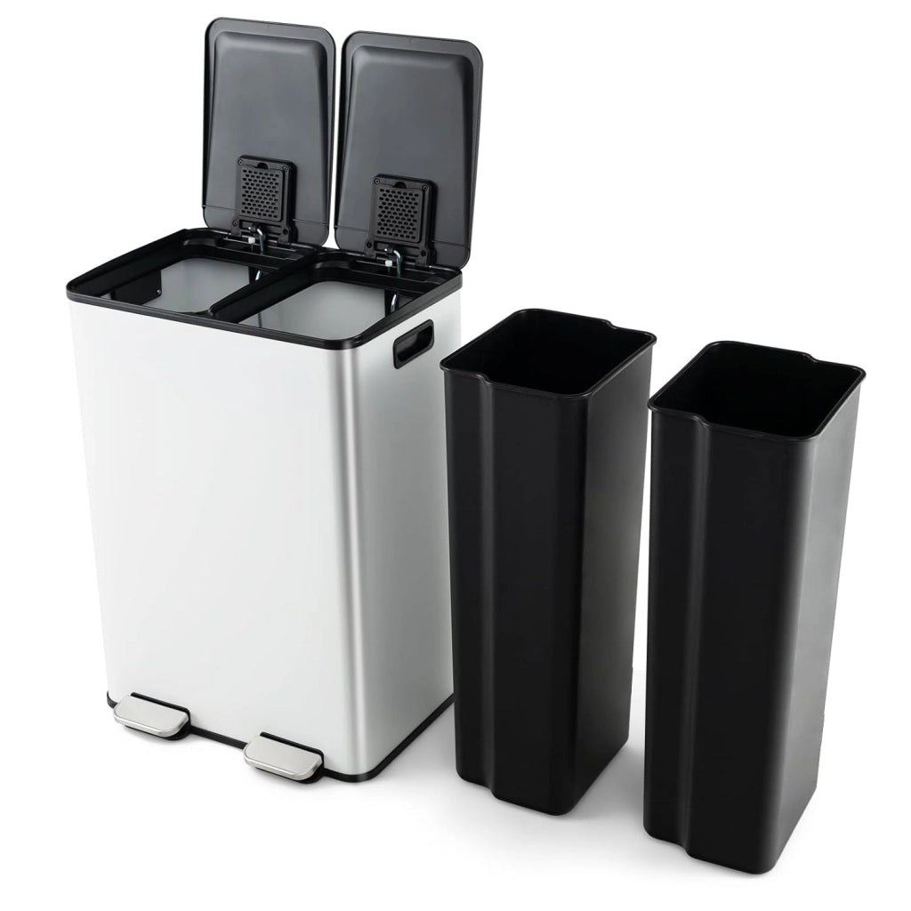 2x30 L Pattumiera Differenziata, Bidoni Differenziata in Acciaio Inox a 2 Scomparti, Anti-Impronte, Secchio Spazzatura con Coperchi a Chiusura Morbida, per Casa Ufficio (Bianco)